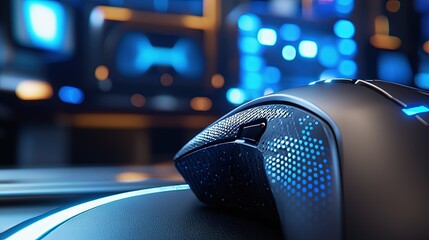 Close-up of a modern computer mouse with illuminated details.