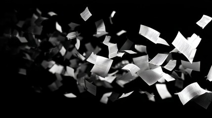 Many flying business documents isolated on black background showing paperwork chaos, office report sheets, financial contracts, and work documents in motion for business stress, deadline pressure, and