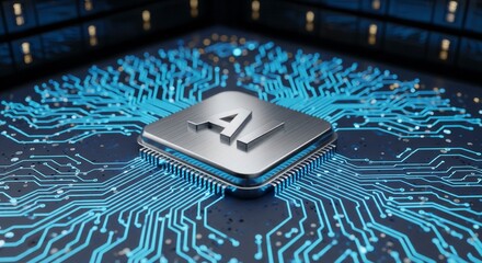 Artificial Intelligence (AI) icon on a glowing CPU. Futuristic technology concept showing a chip on a circuit board in a data center or server room.
