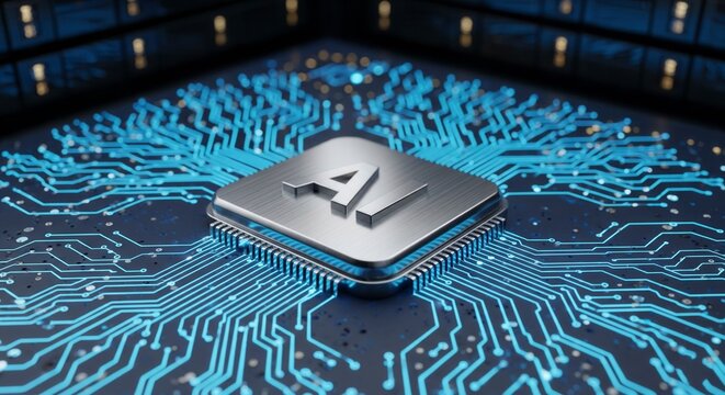 Artificial Intelligence (AI) icon on a glowing CPU. Futuristic technology concept showing a chip on a circuit board in a data center or server room.

