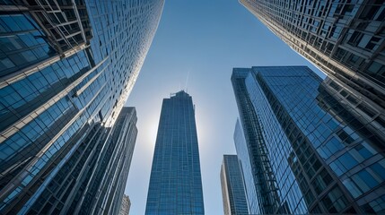 Fototapeta premium Soaring skyscrapers reflect clear blue sky, embodying modern urban ambition and corporate success