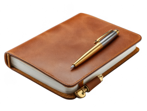 Leather Bound Journal With A Metallic Pen Laying On Top Presented Against A Transparent Background