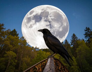 A solitary black crow perched on a railing against a large full moon and a forest backdrop.