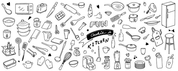 Set of kitchenware hand drawn such as pot, plate, glass, kettle, spoon, fork, pan, refrigerator, jar, mug. Baking accessories in doodle style. Vector illustration isolated on white background.