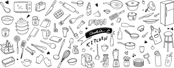 Set of kitchenware hand drawn such as pot, plate, glass, kettle, spoon, fork, pan, refrigerator, jar, mug. Baking accessories in doodle style. Vector illustration isolated on white background.