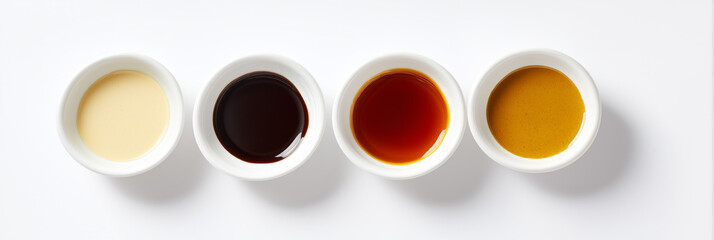 Four small bowls filled with different color sauces