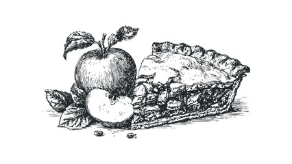 Hand-drawn sketch of a slice of apple pie next to fresh apples and leaves. Vector hand drawn illustration