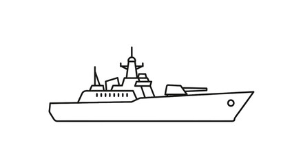 Modern naval warship icon in a minimalist black line art style. Side profile of a military frigate with a gun turret and radar mast.