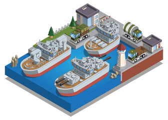 Naval base. Isometry. Isolated on white background. Vector illustration.