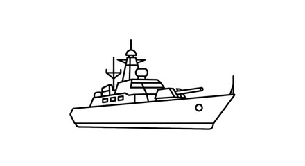 Obraz premium Simple black line art illustration of a modern naval warship with a gun turret and radar mast.
