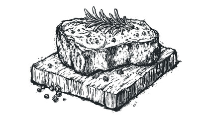 Hand-drawn meat steak with rosemary and peppercorns on wooden board. Vector hand drawn illustration