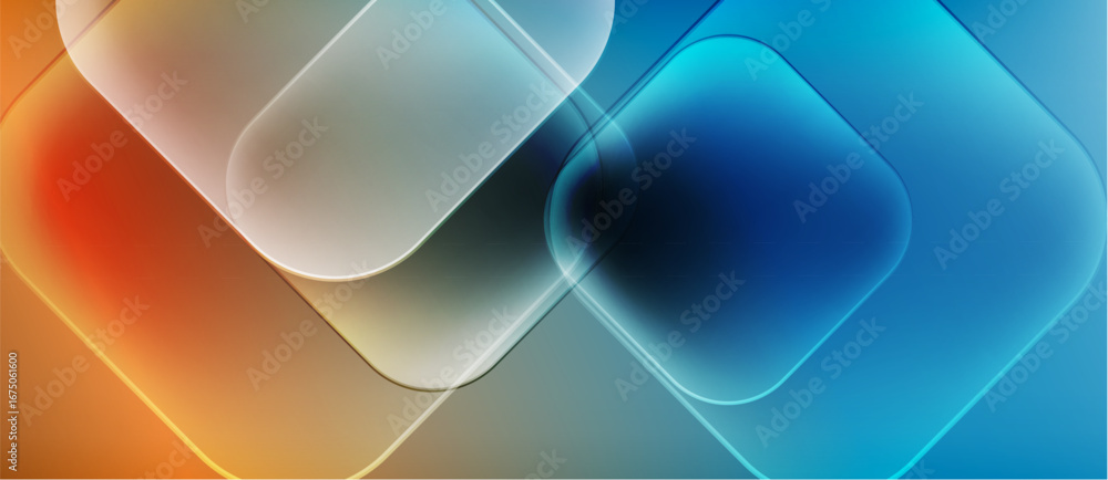 Poster abstract background features overlapping translucent squares. colors transition from orange, gray, t