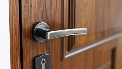 Obraz premium Close-Up of a Stylish Wooden Door with a Modern Handle, Sophisticated Wood Door with an Elegant Metal Handle and Intricate Wood Grain