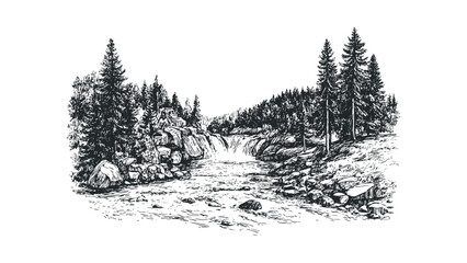 Black and white sketch of a forest waterfall cascading over rocks surrounded by pine trees. Vector hand drawn illustration