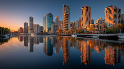 Obraz premium City skyline reflected in calm river at sunset time