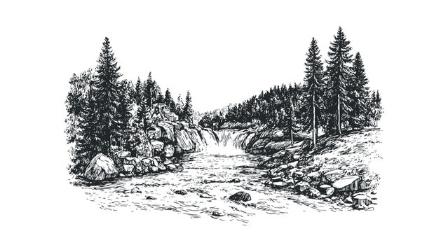 Black and white sketch of a forest waterfall cascading over rocks surrounded by pine trees. Vector hand drawn illustration