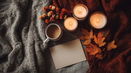 Cozy autumnal scene with candles, coffee, and leaves