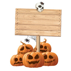 Blank wooden signboard posts with 3D pumpkin Jack-O'-Lantern, skull, spiders and spider webs isolated Halloween concept
