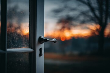 Obraz premium Rainy Sunset View Through Rustic Wooden Door
