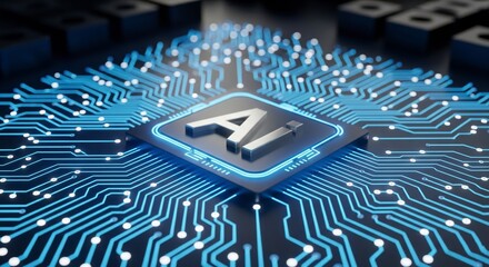 Artificial Intelligence (AI) icon on a glowing CPU. Futuristic technology concept showing a chip on a circuit board in a data center or server room.

