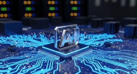 Artificial Intelligence (AI) icon on a glowing CPU. Futuristic technology concept showing a chip on a circuit board in a data center or server room.

