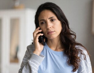 Sad young hispanic female hold phone to ear discuss bad news with friend share emotional stress. Concerned patient call doctor speak on health complaints ask for advice. Detailed high quality image.