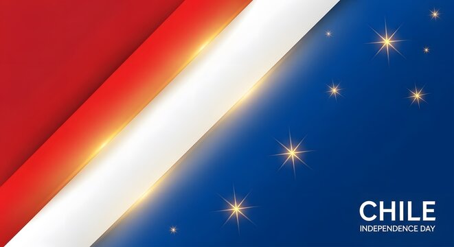 Minimalist Chile Independence Day background with bold diagonal red, white, and blue color blocks, accented with soft golden gradients and glowing abstract star shapes