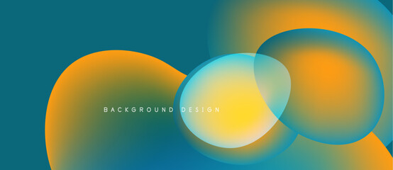 Abstract fluid shapes overlap. Gradient colors blendyellows, oranges, blues create dynamic visual effect. Modern design element.