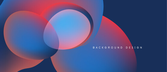 Abstract design features overlapping circles. Colors blend from blue to pink, creating dynamic visual effect. Background is dark navy.