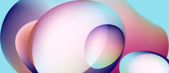 Abstract shapes overlap, creating soft gradients. Colors blendblues, pinks, purplesforming fluid composition. Minimalist design evokes calm atmosphere.
