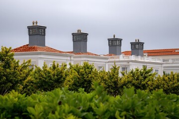 Row Of Houses With Chimneys And Lush Green Plants