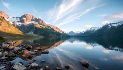 Majestic snow capped mountains reflected in a calm pristine lake at sunrise with dramatic sky