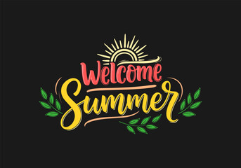 Obraz premium Colorful summer lettering with sun rays leaves and decorative welcome typography