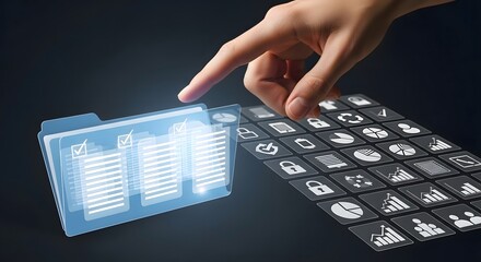 Finger pointing at digital folder with documents and a grid of various business icons on dark background