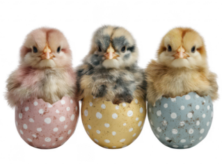 Three colorful chicks emerging from polka dotted eggs against a black backdrop