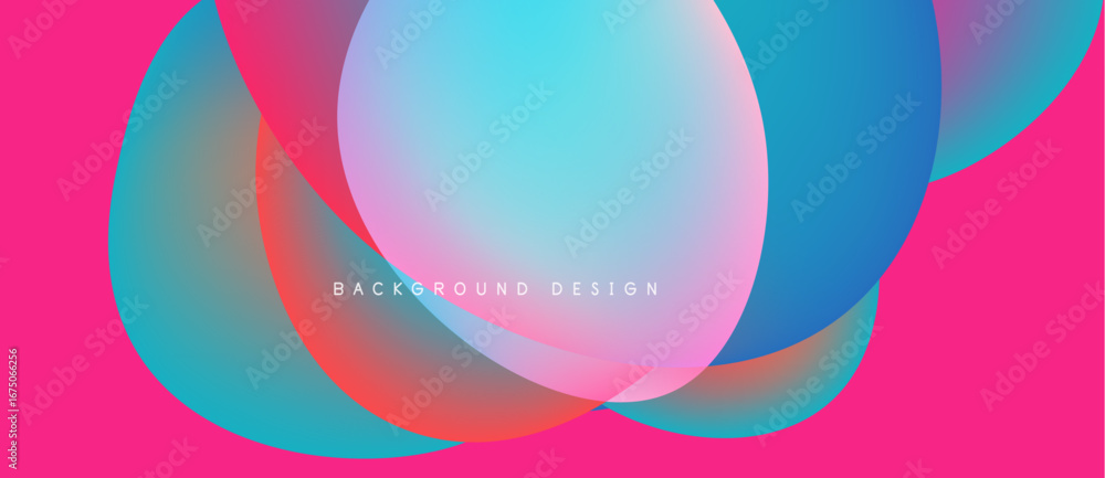 Poster vibrant overlapping circles create abstract background. pink dominates, with blue, orange gradients.
