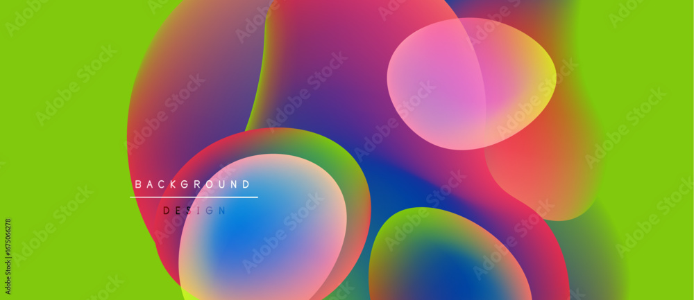 Poster vibrant abstract shapes overlap, creating colorful gradients. bright green background provides stron