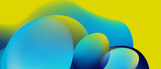 Abstract fluid shapes blend, creating vibrant blue, green, yellow gradients. Smooth curves suggest movement, depth, modern design.