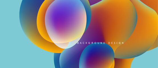 Abstract colorful bubbles overlap, creating vibrant gradients. Light blue background complements warm orange, purple hues. Modern design element.