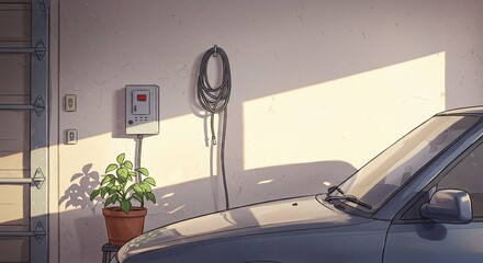 Ilustraci&oacute;n de garaje dom&eacute;stico con wallbox para coche el&eacute;ctrico, cable enrollado y luz de tarde proyectando sombras; interior acogedor y estilo sostenible