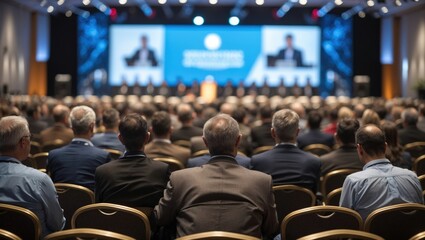 Rear view of Audience listening Speakers on the stage in the conference hall or seminar meeting, business and education about investment concept