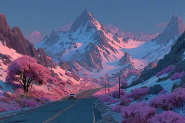 Snowy mountain pass road with pink blossoms