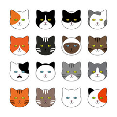 Cat face characters with various expressions and fur color patterns