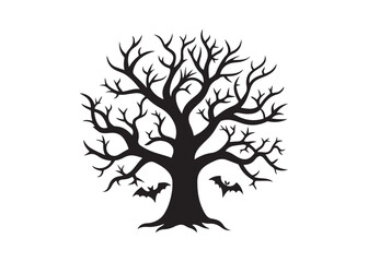 Halloween Tree Silhouette Vector Illustration on White Background.