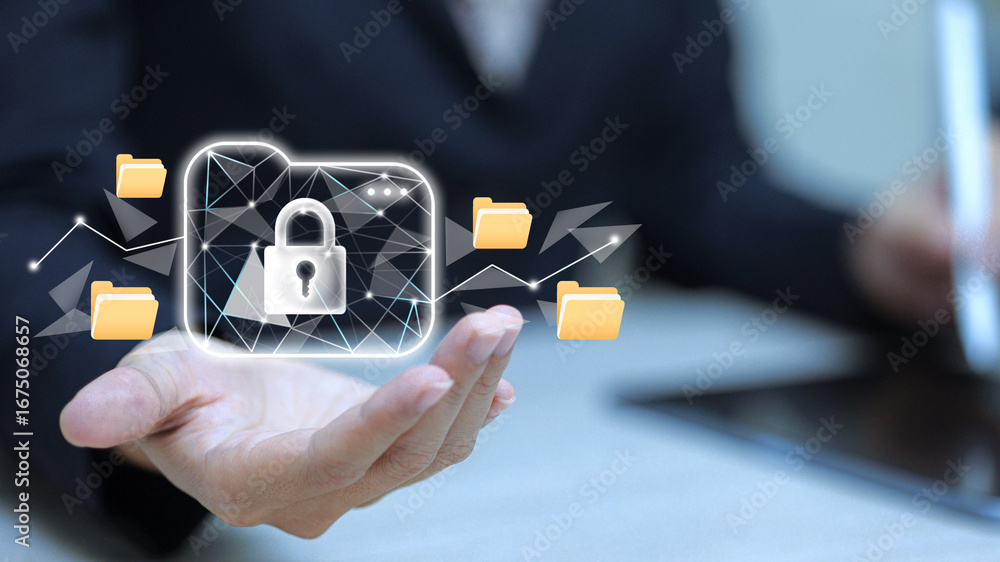 Poster cybersecurity data protection with digital file folder and padlock icon