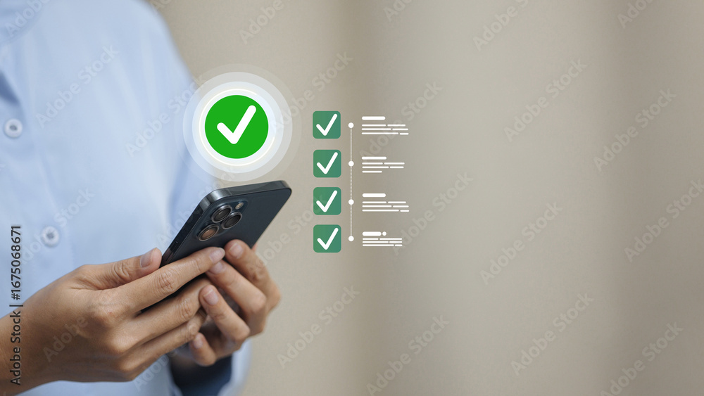Poster mobile checklist task management with green check mark icon