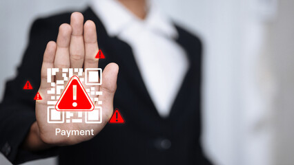 Payment security risk with QR code scam and warning alert icon