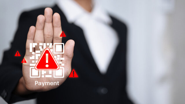 Payment security risk with QR code scam and warning alert icon - Powered by Adobe