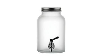 Empty glass beverage dispenser with tap isolated on transparent background