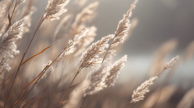 A serene close-up of delicate, feathery grass swaying in a gentle breeze, illuminated by soft, warm light, creating an ethereal atmosphere.